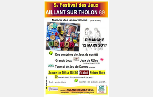 Jouez au 9è Festival des Jeux à Aillant sur Tholon 89 dimanche 12 mars
