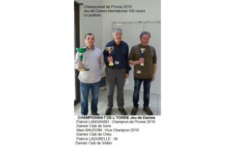 Patrick LANGRAND : Champion de l'Yonne 2016 de Jeu de Dames  100 cases ; DAMIER CLUB DE SENS